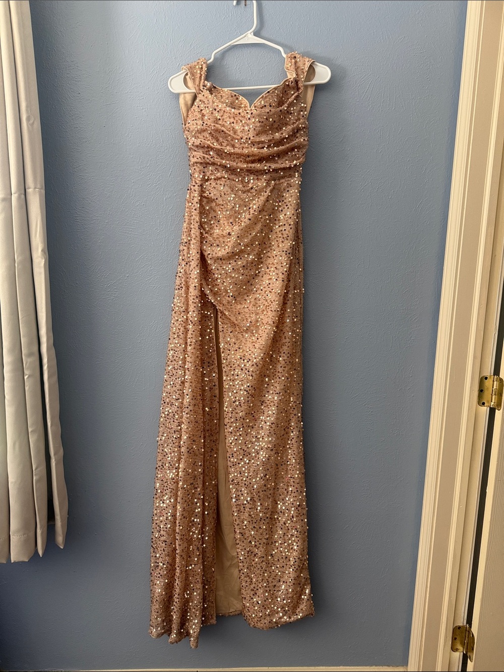Sequin Rose Gold Evening Gown - Off the shoulder Dress